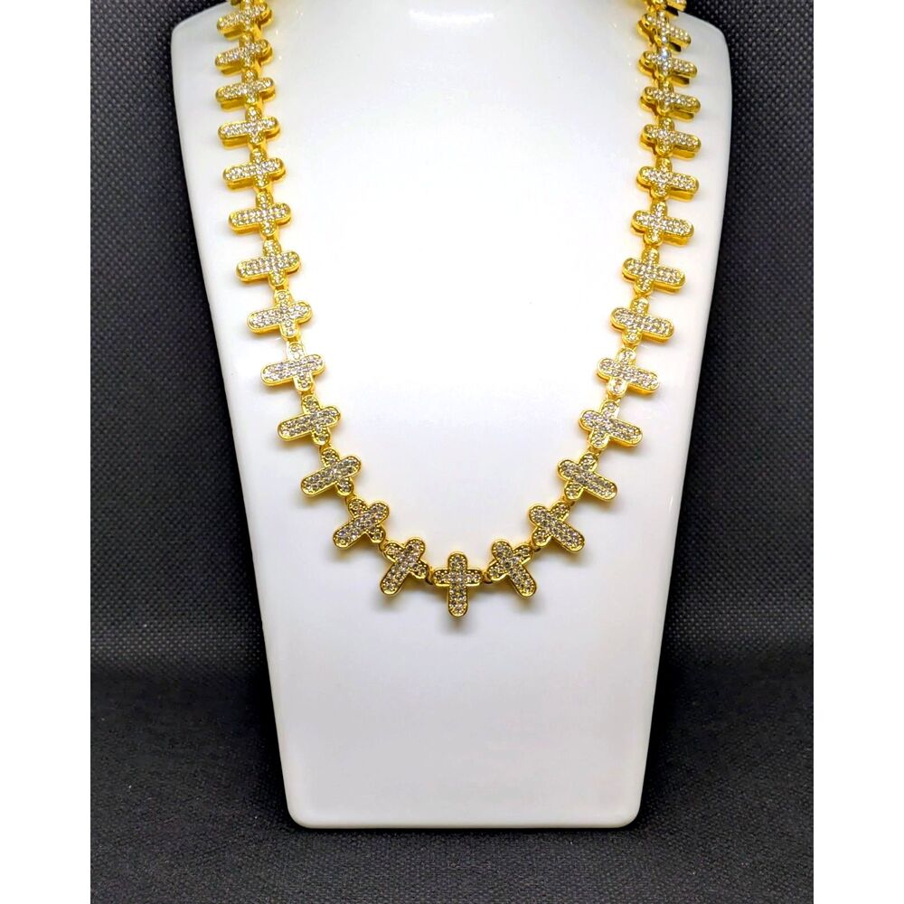 NEW 22 Inch Unisex Iced Cross Gold Tone CZ Necklace with Fold Over snap Clasp
